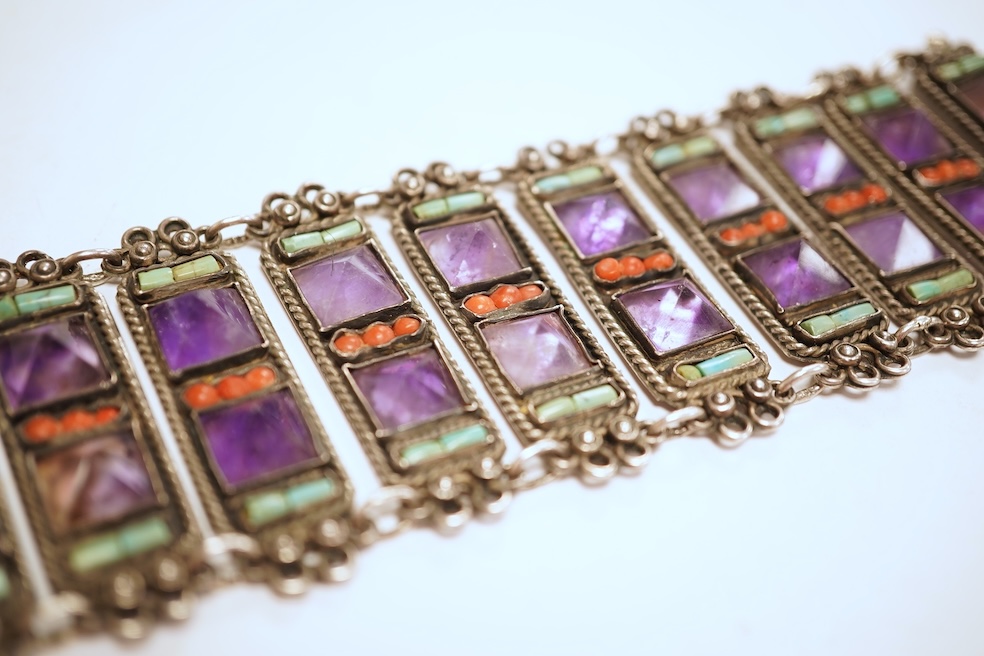 Matl Salas, a rare amethyst, coral and turquoise bracelet, Mexico, mid 20th century, composed of rectangular links set with pyramidal amethysts, coral cabochons and cylindrical turquoise beads, connected at each end by w